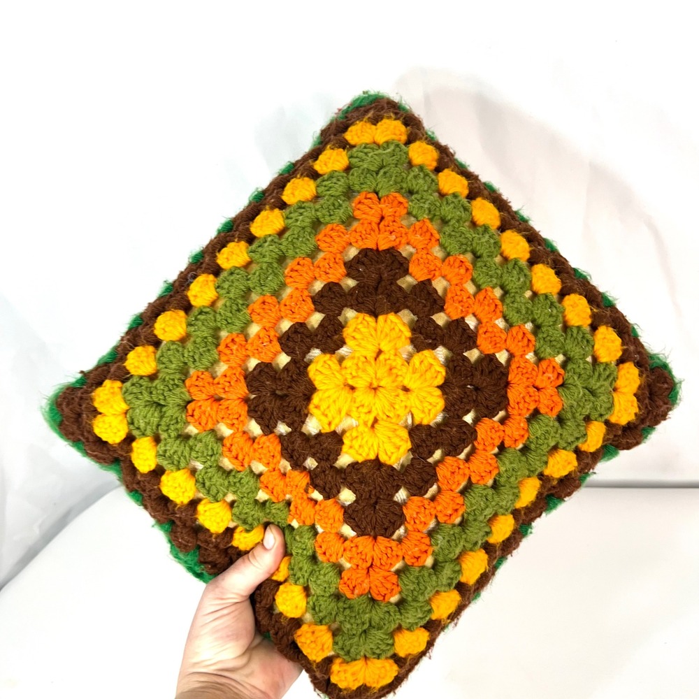 Vintage Granny Square Crochet Pillow‎ Colorful Retro Throw Cushion 13x13